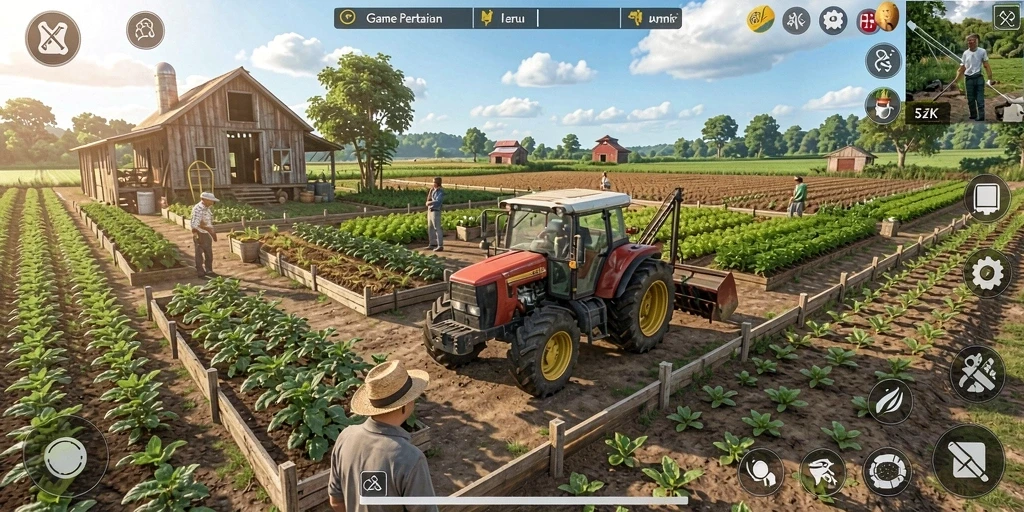 Tampilan gameplay 5ZK dengan suasana pertanian yang asri dan interaktif.