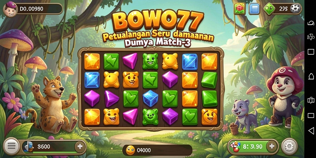 Tampilan gameplay seru BOWO77 dengan permata berwarna-warni.