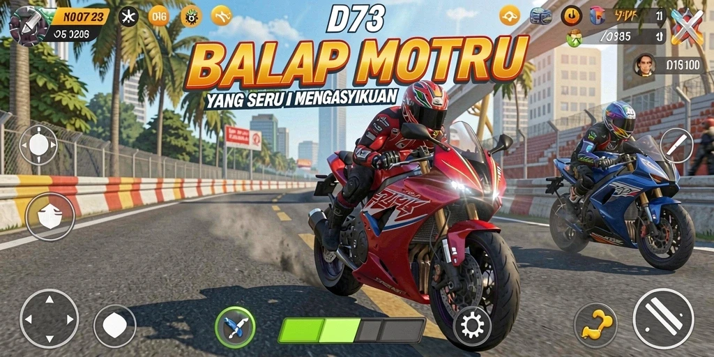 Screenshot D73 menampilkan aksi balapan motor yang mendebarkan.