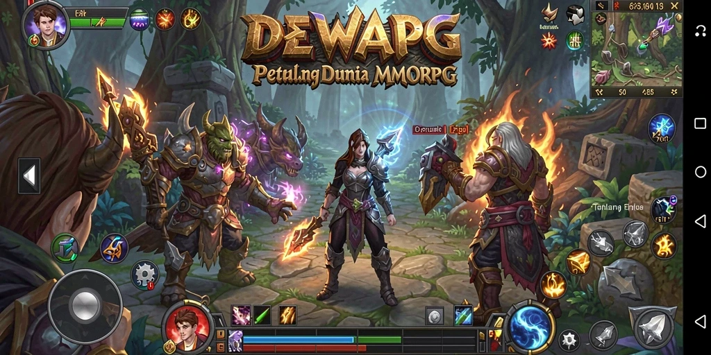Screenshot utama DEWAPG menampilkan aksi pertempuran yang epik dan karakter berbasis dunia fantasi.
