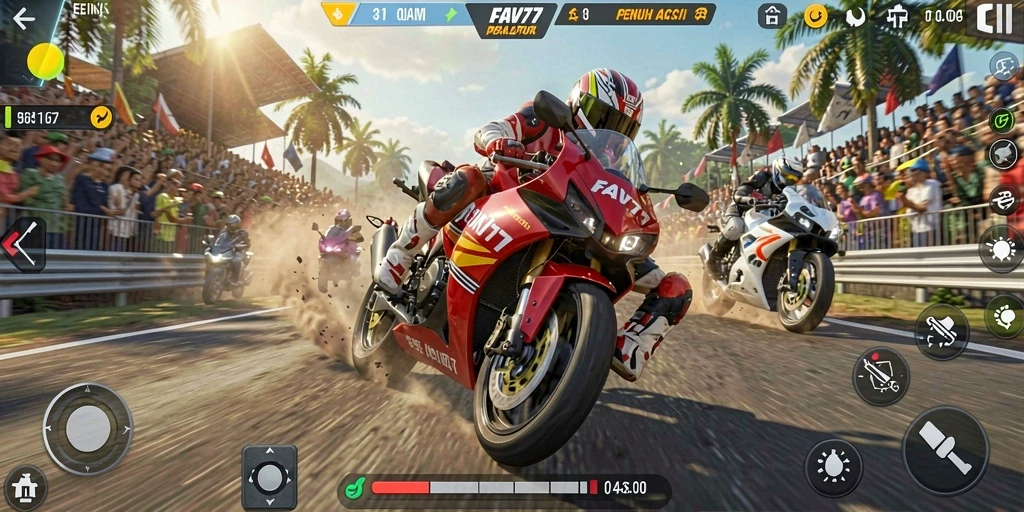 Screenshot FAV77 menampilkan aksi balapan motor yang mendebarkan.