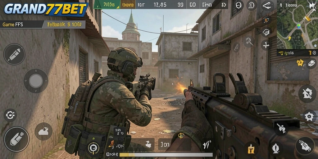Tampak aksi seru dari gameplay GRAND77BET dalam mode FPS.