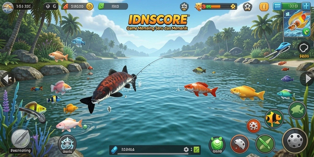 Screenshot IDNSCORE menampilkan pengguna yang sedang memancing ikan besar dengan alat modern.
