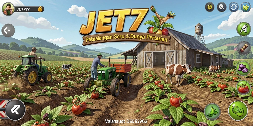 Screenshot gameplay <strong>JET77</strong> yang menunjukkan ladang subur dan aktivitas pertanian.