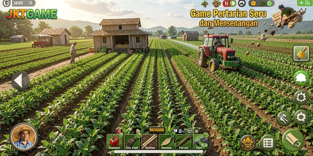 Screenshot gameplay JKTGAME menampilkan suasana ladang yang hijau dan subur.