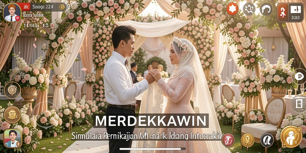 Screenshot permainan <strong>MERDEKAWIN</strong> yang menunjukkan keseruan simulasi pernikahan.