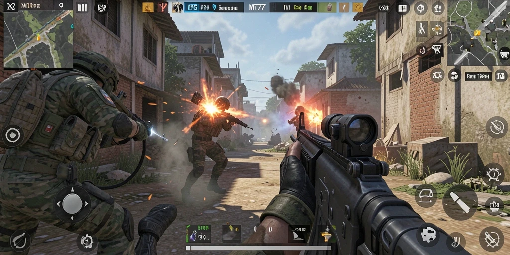 Tangkapan layar menampilkan aksi seru dalam gameplay FPS MT777.