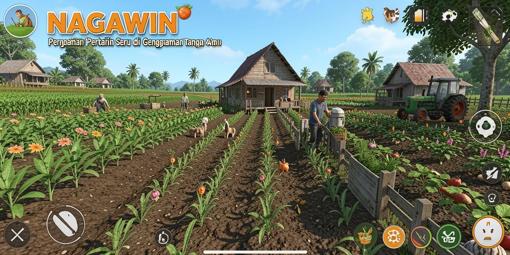 Tangkapan layar utama dari gameplay NAGAWIN yang menampilkan aktivitas bertani.