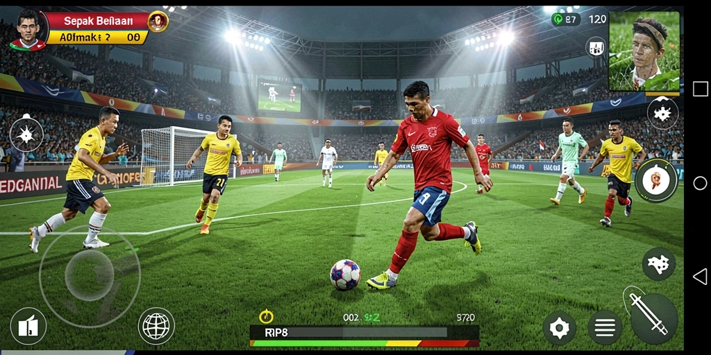 Tampilan gameplay utama RP8 yang menampilkan pertandingan sepak bola yang intens.