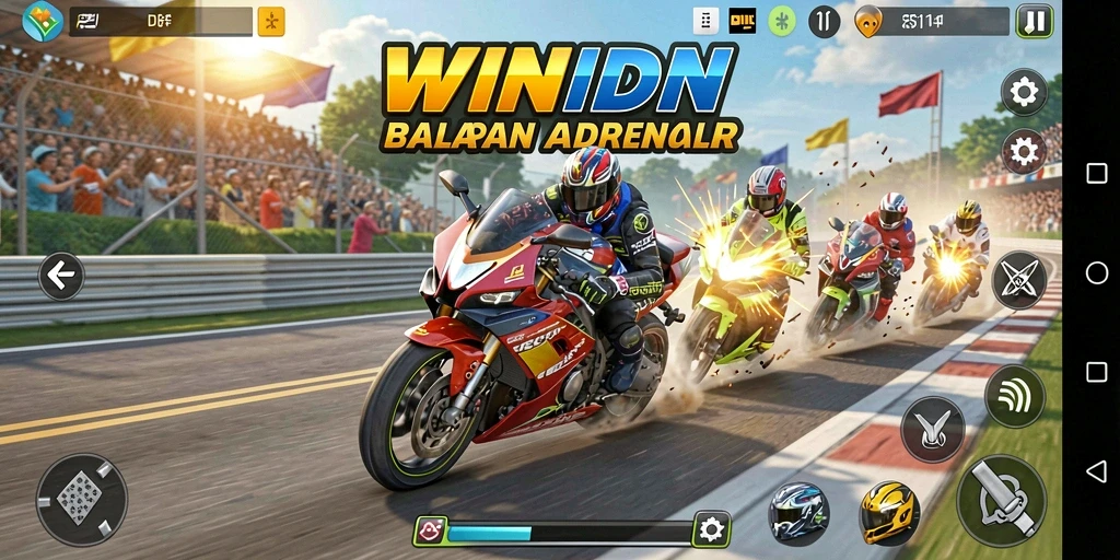 Gameplay seru di WINIDN dengan sepeda motor balapan.