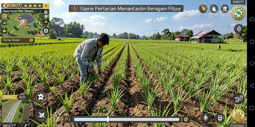 Screenshot gameplay <strong>ZORO77</strong> yang menampilkan kebun yang subur dan hewan ternak.